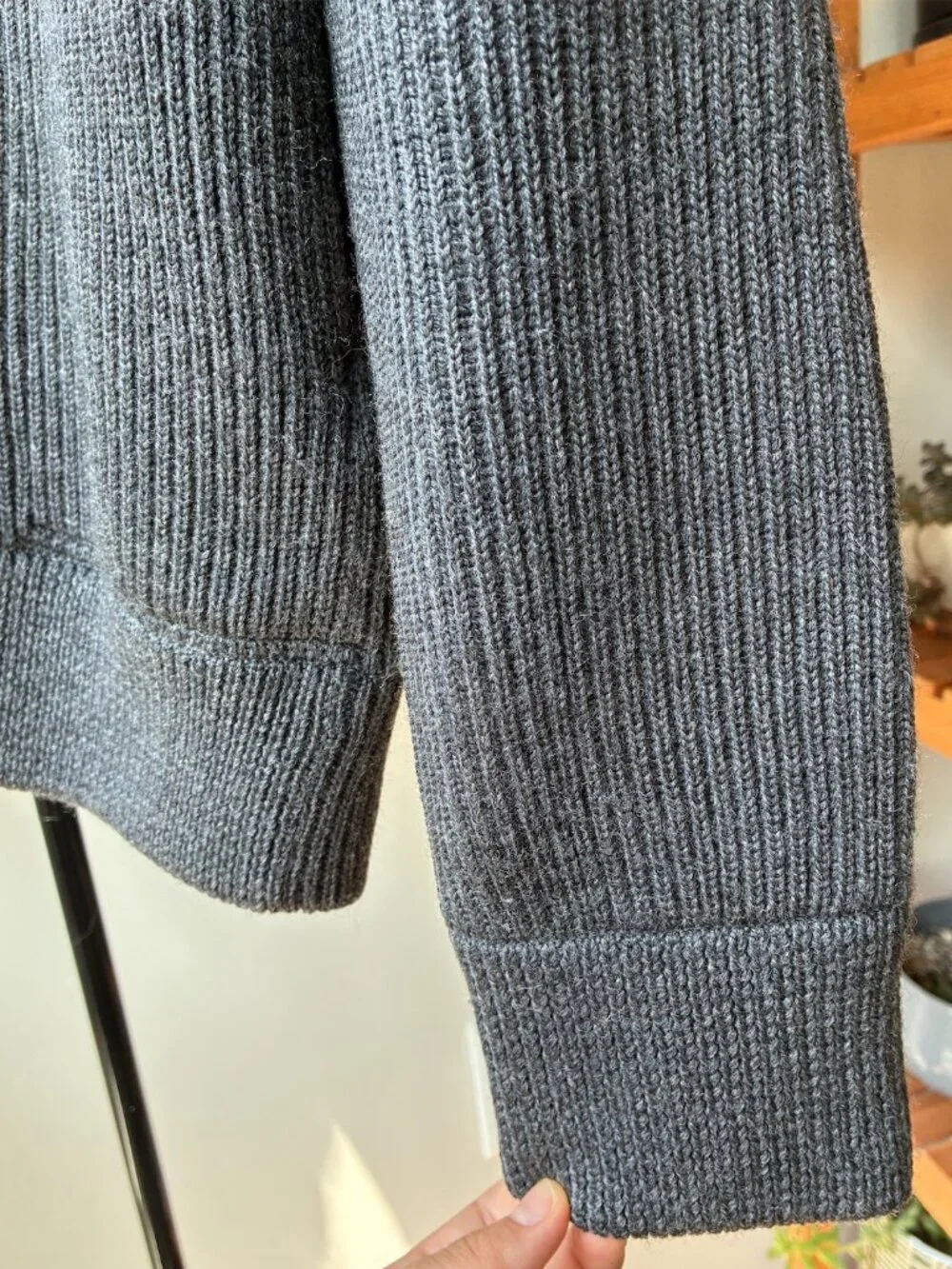 Vince Wool Ribbed Knit Full-Zip Sweater in Dark Gray w/ Leather Details - Size S